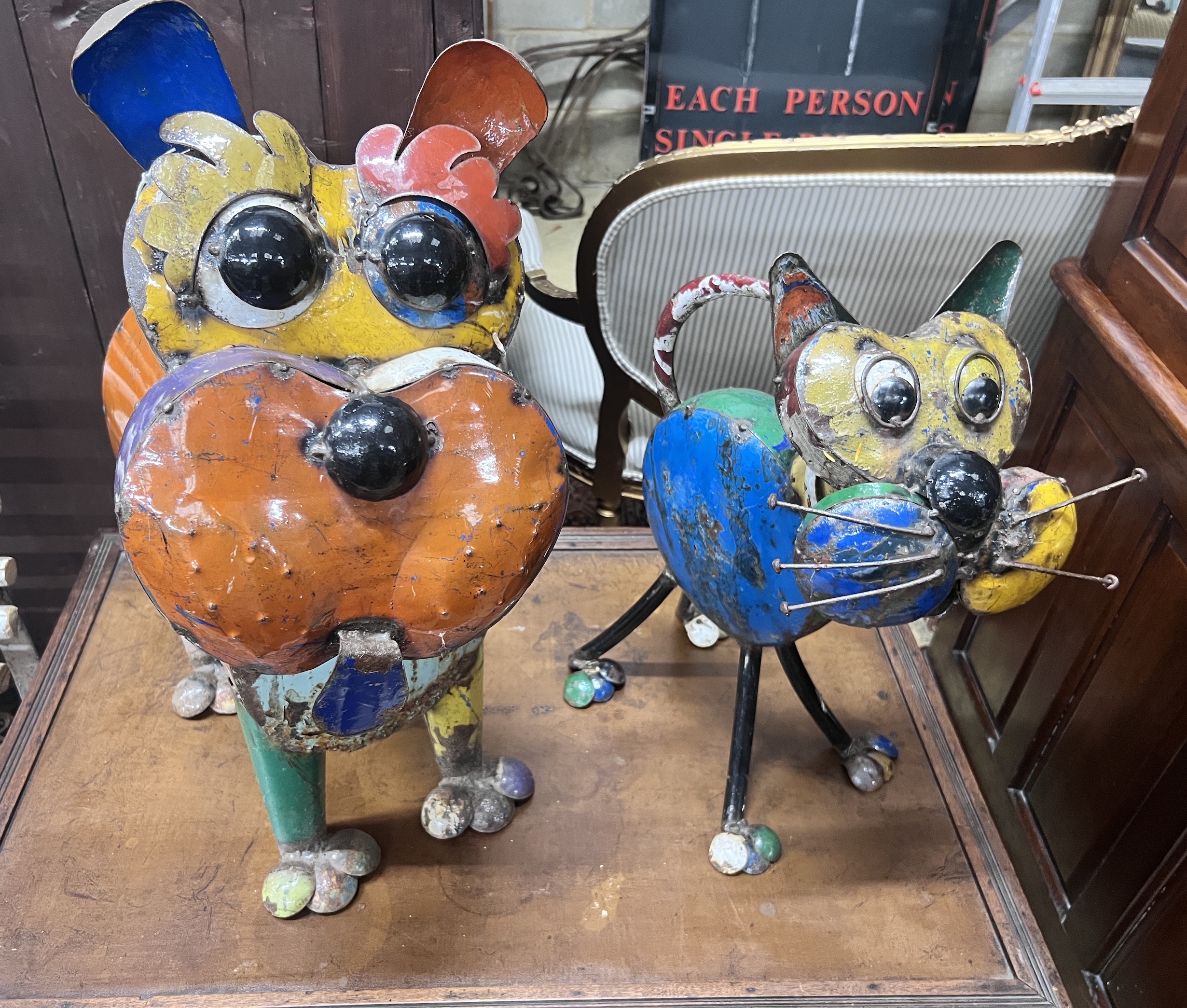 A tin cat and dog garden ornament by EE-I-EE-I-O-, Tabitha the cat and Ralph the dog, larger height 77cm